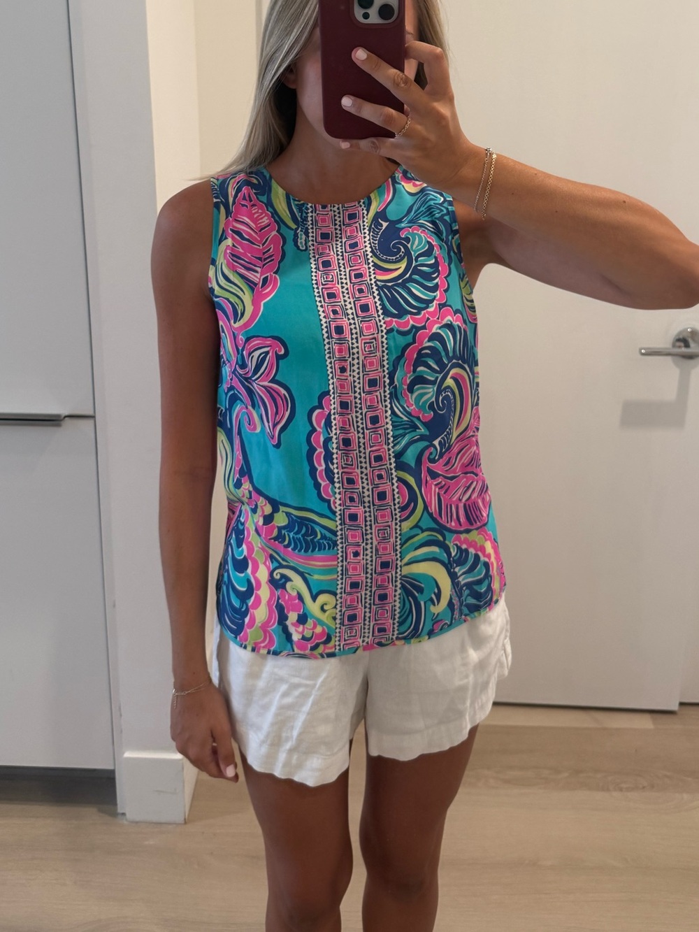 Lilly Pulitzer Turquoise, Pink & Navy Printed Sleeveless 100% Silk Camisole Tank